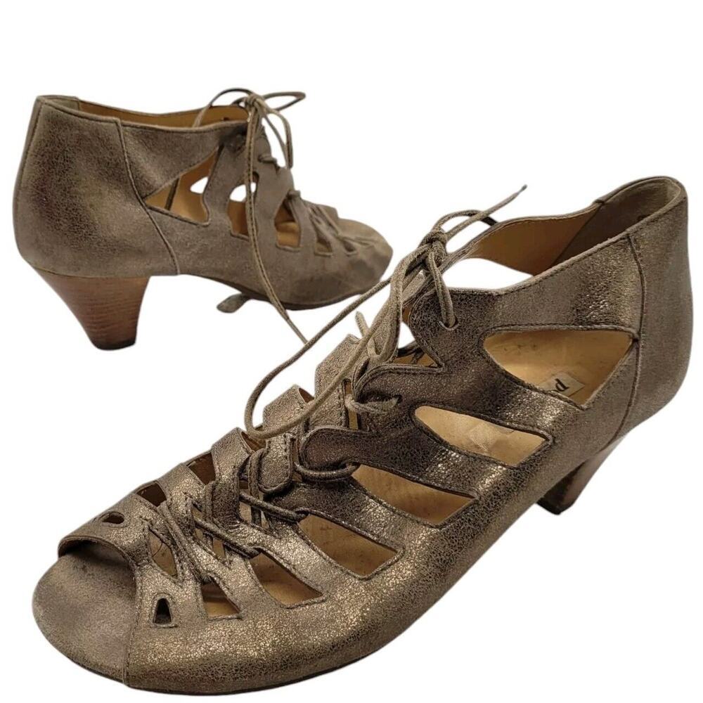 Paul Green Munchen Handmade Lace Up Metallic Peep Toe Heeled Sandal sz 6 US 8.5